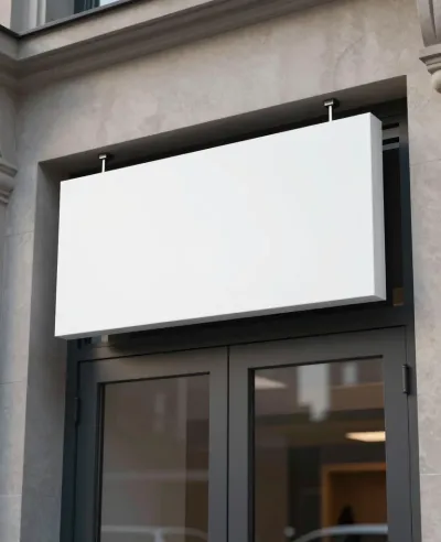 Blank White Sign Above Glass Doors - Architecture - AI generated image