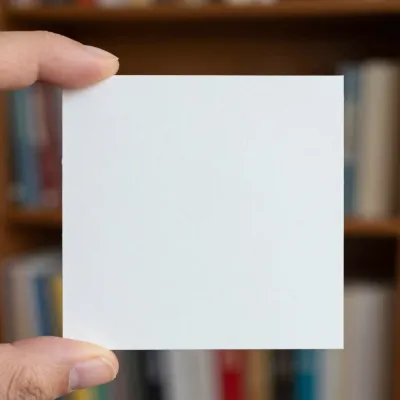 Hand Holding White Card against Bookshelf - People - AI generated image