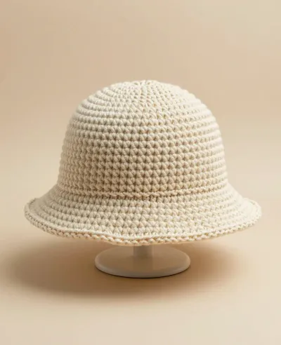 Crocheted Bucket Hat Textured in Soft Beige - Fashion - AI generated image