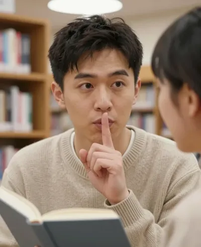Young Man Shushing in Library - People - AI generated image
