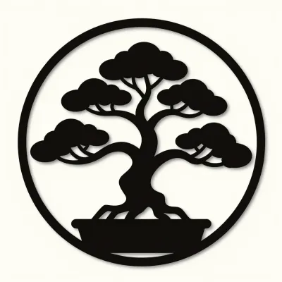 Bonsai Tree Silhouette in Circular Frame - Bonsai - AI generated image