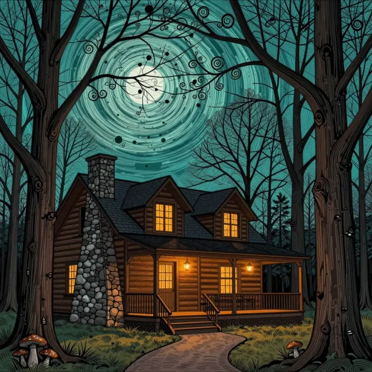 Log Cabin with Lanterns Glowing in Forest - Architecture - AI generated image