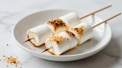 Roasted Marshmallow Skewers on White Plate - Food - AI generated image