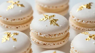 White & Gold Macarons with Snowflake Detail - Bakery - AI generated image