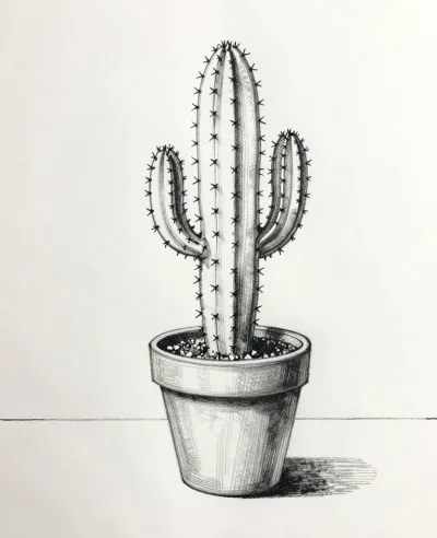 Cactus in Terracotta Pot Monochromatic Still Life - Still Life - AI generated image
