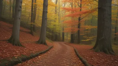 Autumn Forest Path Lined with Tree Stumps - Nature - AI generated image