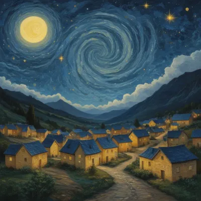 Starry Night Village Moonlit Serenity - Architecture - AI generated image