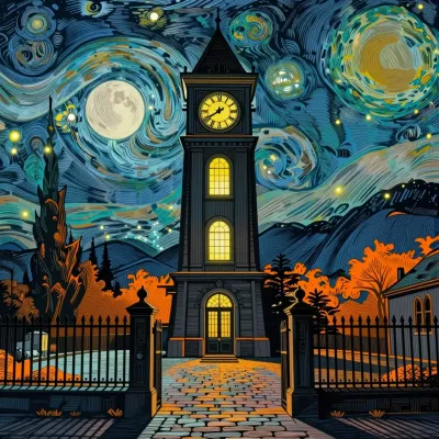 Illuminated Clock Tower in Cobblestone Courtyard - Architecture - AI generated image