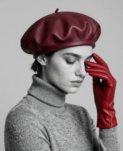 Burgundy Leather Beret with Red Glove Touching Forehead - Fashion - AI generated image
