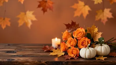 Autumn Floral Arrangement with Pumpkins and Candlelight - Floral Arrangement - AI generated image
