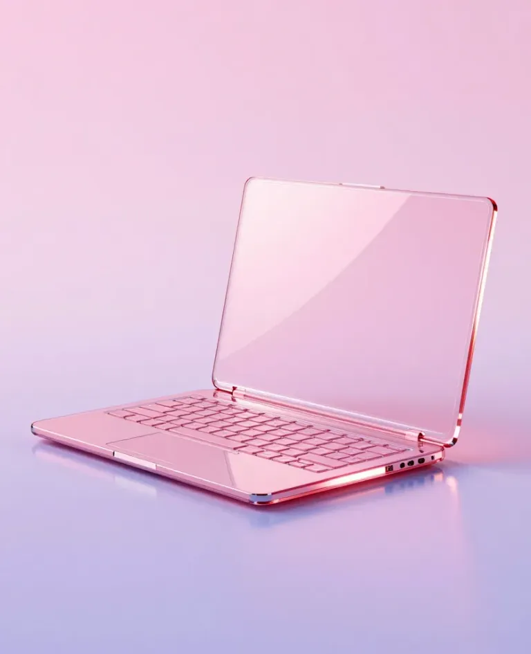 Transparent Glass Laptop with Pastel Pink Screen - Technology - AI generated image