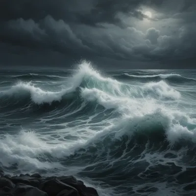 Crashing Waves on Rocky Shore Moonlit Storm - Ocean - AI generated image