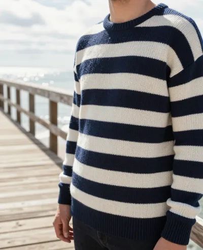 Man in Striped Sweater on Wooden Pier - Fashion - AI generated image