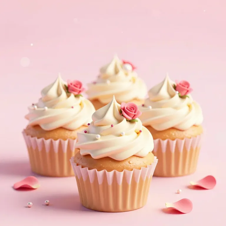 Creamy Cupcakes with Pink Roses and Pearls - Food - AI generated image