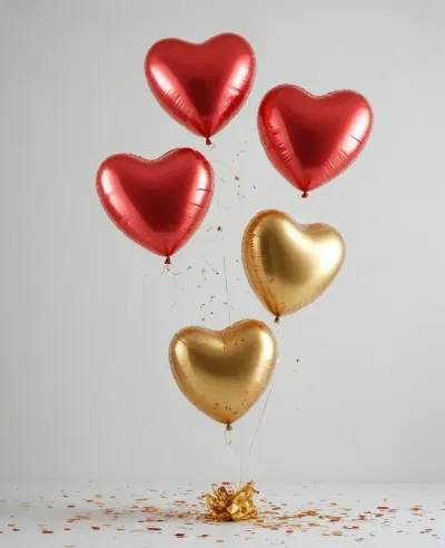 Heart Balloons Floating with Confetti - Celebration - AI generated image