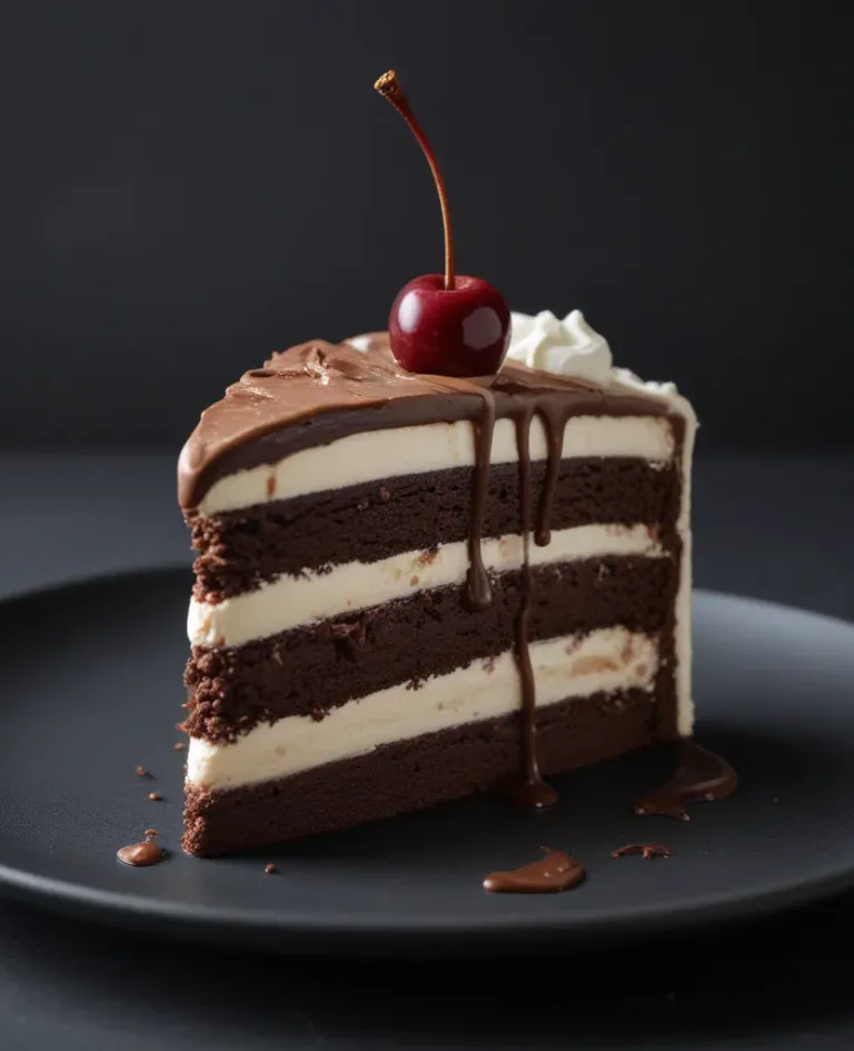 Chocolate Cake Slice with Whipped Cream and Cherry - Food - AI generated image