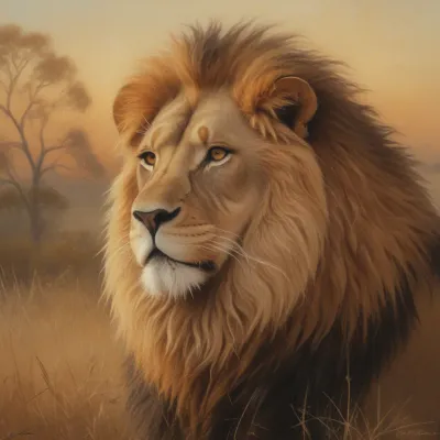 Golden Lion in Savanna Portrait - Wildlife - AI generated image