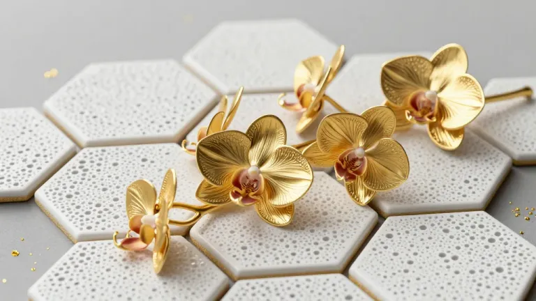 Golden Orchids Gleaming on Hexagonal Tiles - Flowers - AI generated image