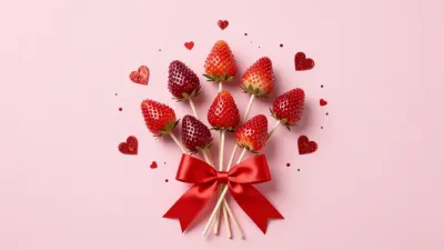 Strawberries on Skewers with Hearts and Ribbon - Food - AI generated image