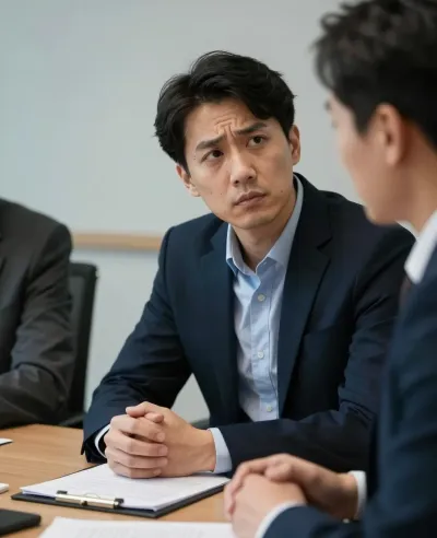 Man in Blue Suit Clasping Hands in Meeting - Portrait - AI generated image