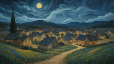 Starry Night Village with Cobblestone Streets - Architecture - AI generated image
