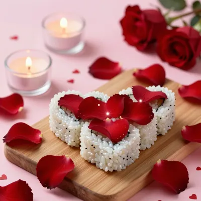 Heart-Shaped Sushi Rolls with Rose Petals - Food - AI generated image
