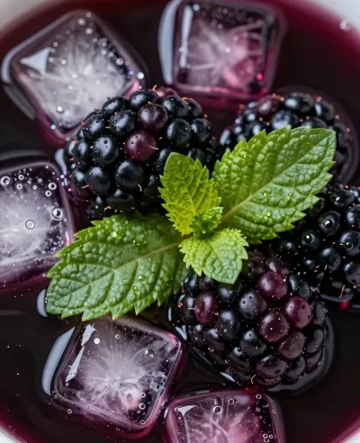 Blackberries and Mint in Dark Liquid with Ice - Food - AI generated image