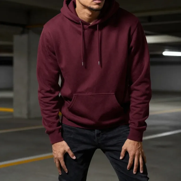 Person in Burgundy Hoodie in Garage - Fashion - AI generated image