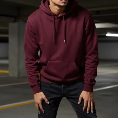 Person in Burgundy Hoodie in Garage - Fashion - AI generated image