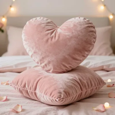 Velvet Heart Pillow Cozy Bed Scene - Bedding - AI generated image