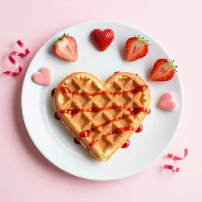 Heart-Shaped Waffle with Strawberries and Sugar Candies - Food - AI generated image