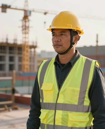 Construction Worker Wearing Hard Hat and Reflective Vest - People - AI generated image