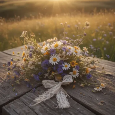 Wildflower Bouquet with Lacy Ribbon on Wooden Table - Flowers - AI generated image