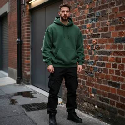Man in Forest-Green Hoodie in Urban Alley - People - AI generated image