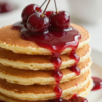 Golden Pancake Stack with Glossy Cherry Sauce - Food - AI generated image