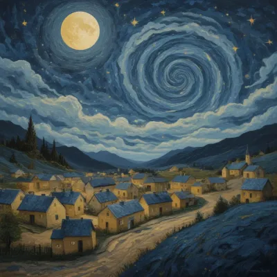 Starry Night Village Moonlit Landscape - Architecture - AI generated image