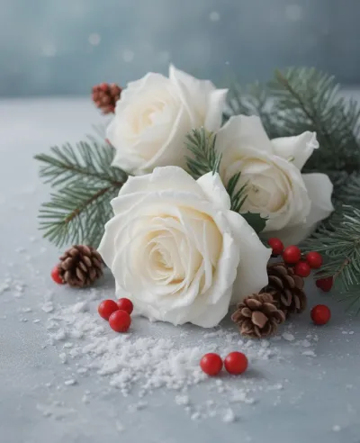 White Roses with Evergreen and Berries in Winter Frost - Flowers - AI generated image