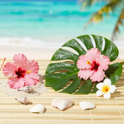 Hibiscus and Monstera on Bamboo Mat - Flowers - AI generated image
