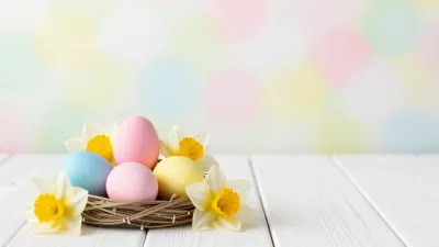 Pastel Eggs and Daffodils in Woven Basket - Easter - AI generated image