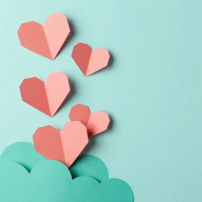Coral Origami Hearts Clustered on Teal - Art - AI generated image