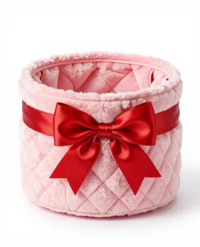Plush Pink Basket with Red Bow - Basket - AI generated image
