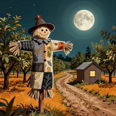 Scarecrow Standing in Orchard under Full Moon - Scarecrow - AI generated image