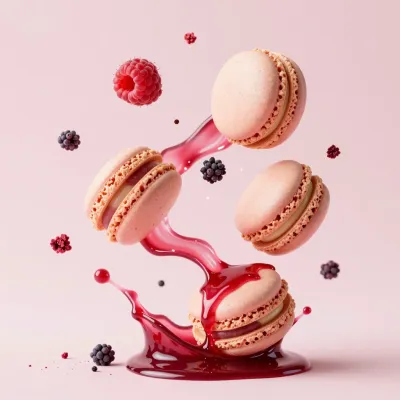 Raspberry Macarons with Dripping Sauce - Food - AI generated image