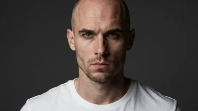 Bald Man Intense Blue Eyes White T-Shirt - Portrait - AI generated image