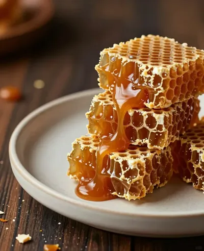 Honeycomb Toffee Shards Dripping Syrup - Food - AI generated image