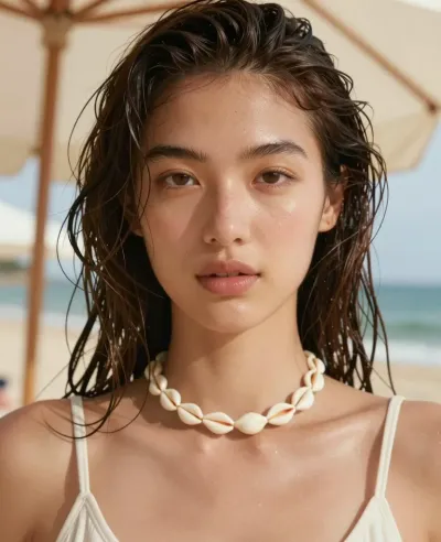 Wet-Haired Model with Seashell Necklace on Beach - Portrait - AI generated image