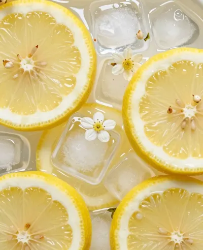 Sliced Lemons with Ice Cubes and Flowers - Food - AI generated image