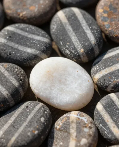 White Pebble Amid Dark Striped Pebbles - Nature - AI generated image