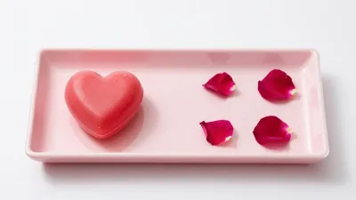 Pink Bath Tray with Heart-Shaped Soaps and Rose Petals - Bathroom - AI generated image