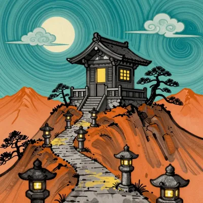 Lantern-Lit Path Leading to Traditional Japanese Shrine - Architecture - AI generated image